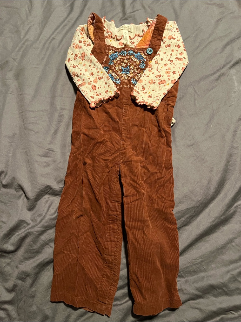 Matilda Jane Brown Corduroy Kids Overalls with Floral Top